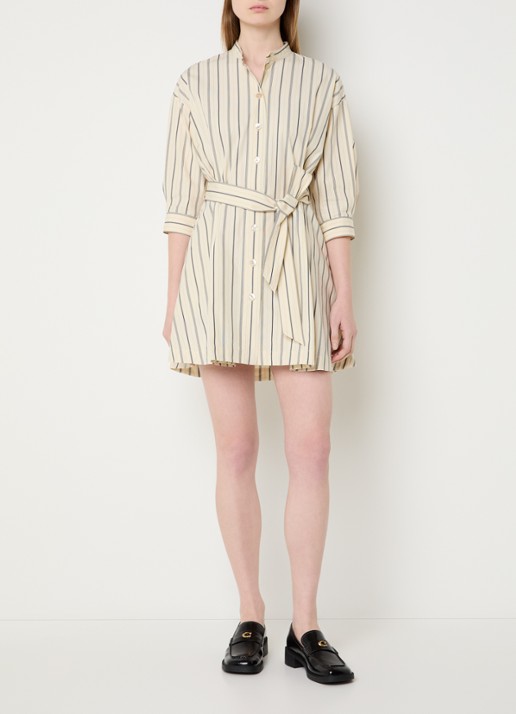 Claudie Pierlot Reiya mini blousejurk met strikceintuur en streepprint - voorkant 4 creme