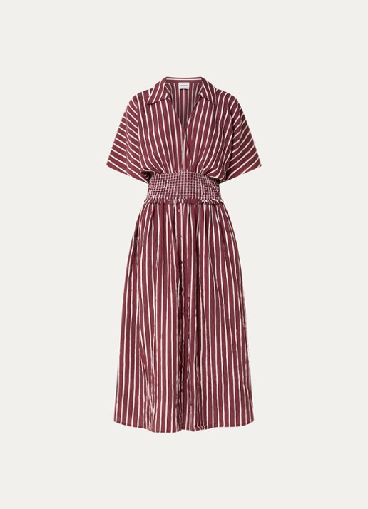 Claudie Pierlot Remine midi jurk met smockwerk - voorkant 2 bordeauxrood