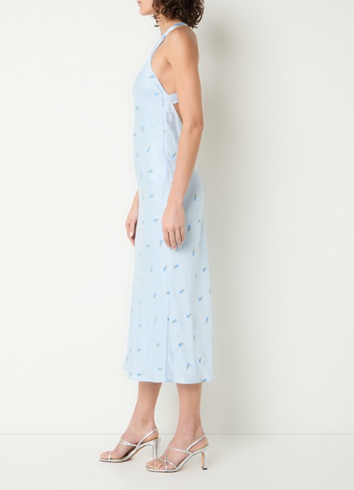 Claudie Pierlot Rency midi jurk van satijn met bloemenprint en rugdecolleté - achterkant lichtblauw