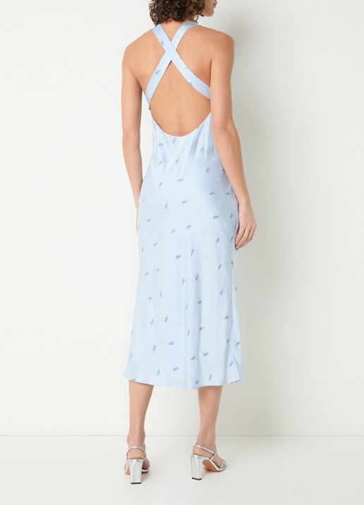 Claudie Pierlot Rency midi jurk van satijn met bloemenprint en rugdecolleté - voorkant 3 lichtblauw