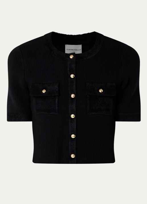 Claudie Pierlot Ribgebreide crop top in wolblend - voorkant 3 zwart