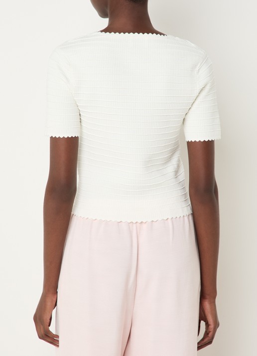 Claudie Pierlot Ribgebreide top met ronde hals en crochet - achterkant gebroken wit