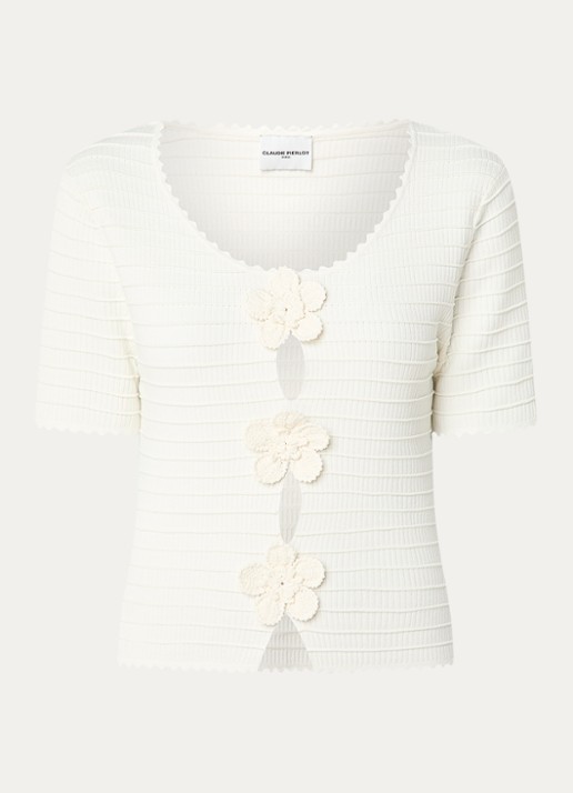 Claudie Pierlot Ribgebreide top met ronde hals en crochet - voorkant 2 gebroken wit