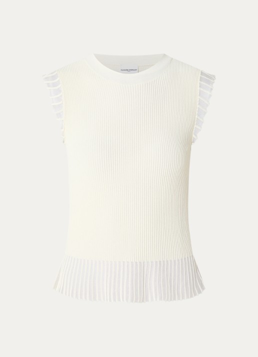 Claudie Pierlot Ribgebreide top met ronde hals - voorkant 3 gebroken wit