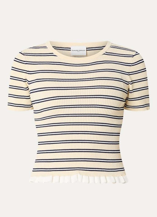 Claudie Pierlot Ribgebreide top met streepprint  - voorkant 3 creme
