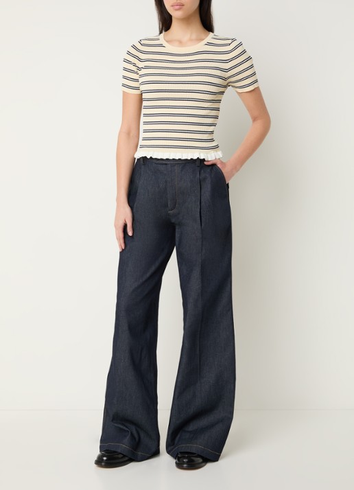 Claudie Pierlot Ribgebreide top met streepprint  - voorkant 4 creme