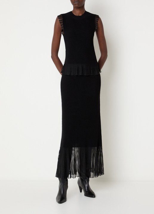 Claudie Pierlot Ribgebreide top met volant en details van mesh - voorkant 2 zwart
