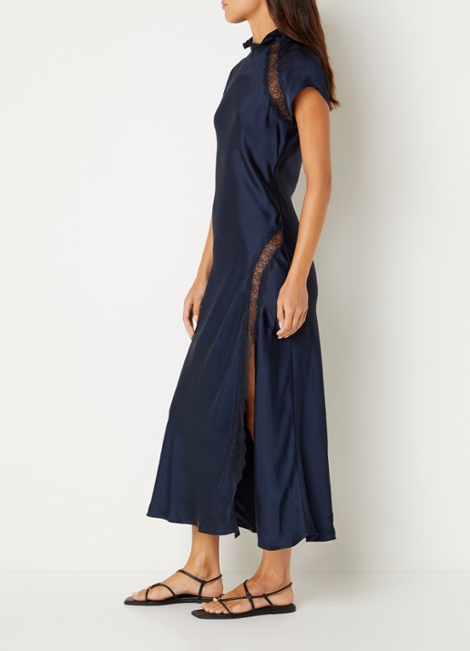 Claudie Pierlot Richie midi jurk van satijn met details van kant - voorkant 2 donkerblauw