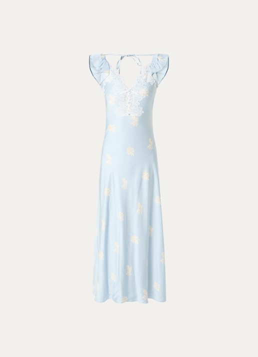 Claudie Pierlot Romance midi jurk van satijn met details van kant - voorkant 2 lichtblauw
