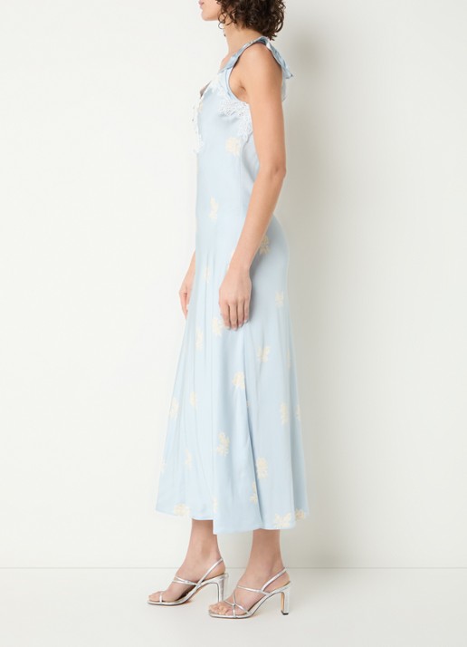 Claudie Pierlot Romance midi jurk van satijn met details van kant - voorkant 3 lichtblauw