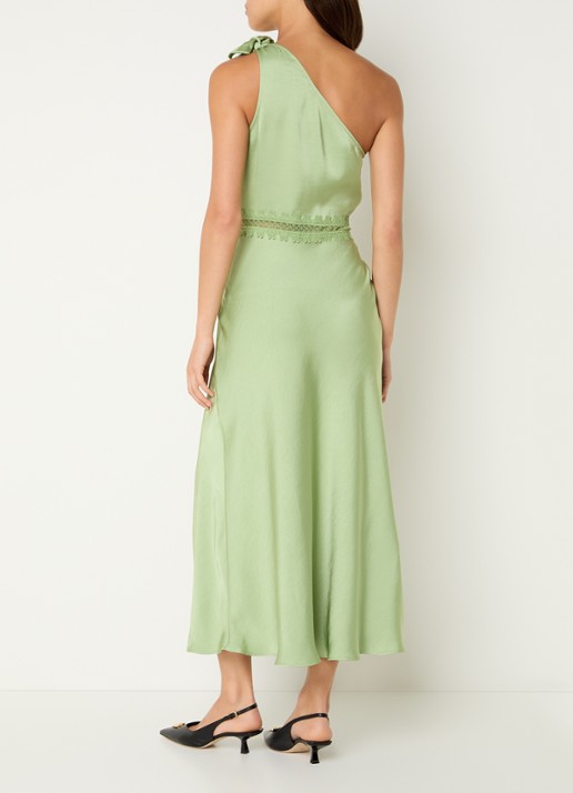 Claudie Pierlot Rosalia midi jurk met asymmetrische hals en details van kant - achterkant groen