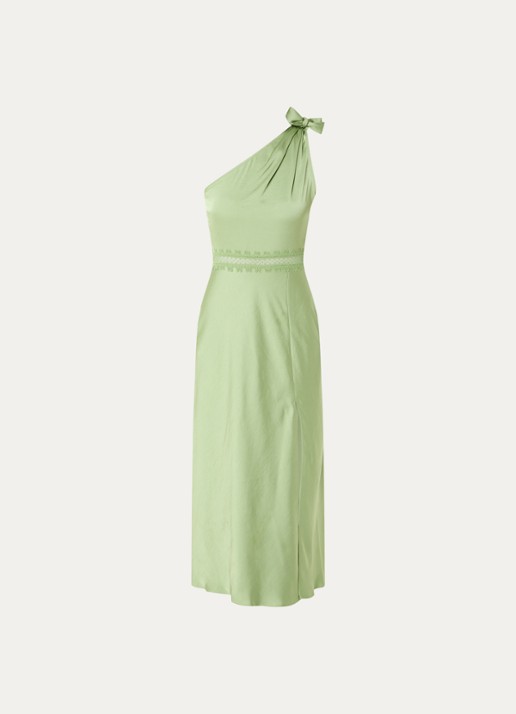 Claudie Pierlot Rosalia midi jurk met asymmetrische hals en details van kant - voorkant 2 groen