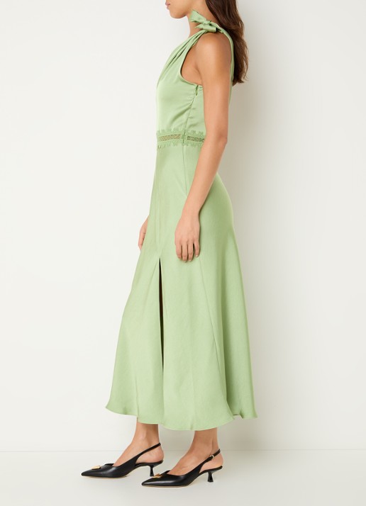 Claudie Pierlot Rosalia midi jurk met asymmetrische hals en details van kant - voorkant 3 groen