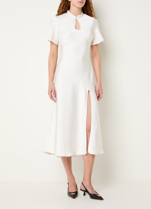 Claudie Pierlot Rosane midi jurk van satijn met split en keyhole - detail 3 gebroken wit