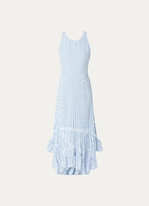 Claudie Pierlot Roseliapois midi jurk met stippenprint en ruches - voorkant lichtblauw