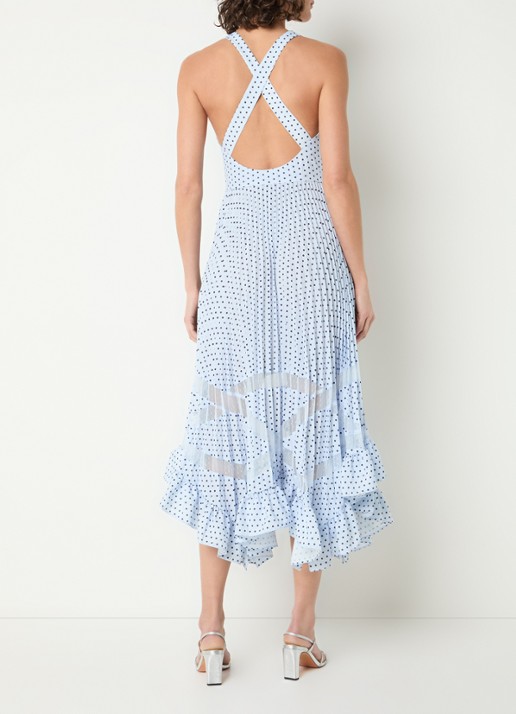 Claudie Pierlot Roseliapois midi jurk met stippenprint en ruches - voorkant 2 lichtblauw