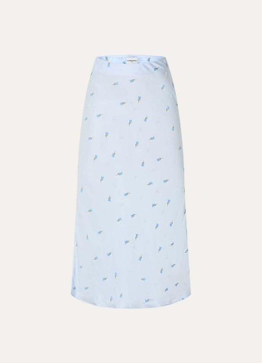 Claudie Pierlot Sapine midi rok van satijn met bloemborduring - voorkant 2 lichtblauw