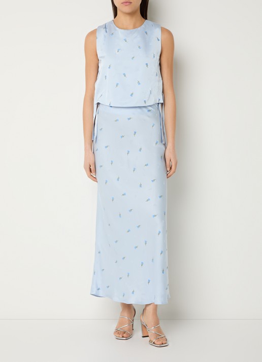 Claudie Pierlot Sapine midi rok van satijn met bloemborduring - voorkant 3 lichtblauw