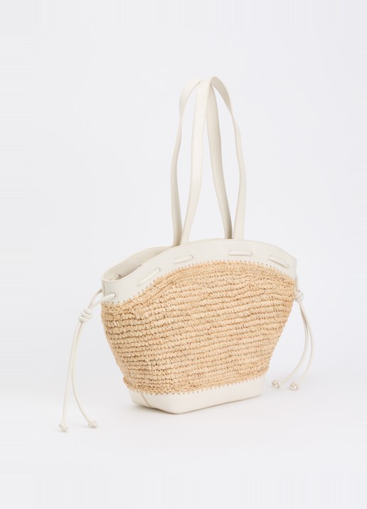Claudie Pierlot Schoudertas van raffia met details van kalfsleer - achterkant 5 gebroken wit