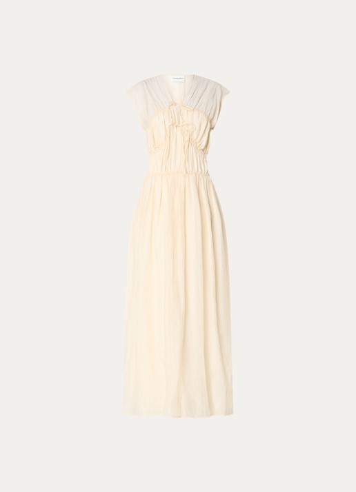 Claudie Pierlot Semi-transparante maxi jurk met smockwerk - voorkant 2 vanillegeel