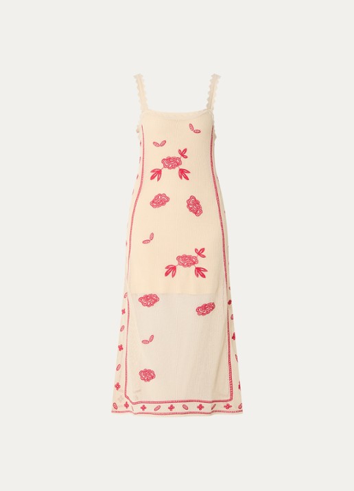 Claudie Pierlot Semi-transparante midi jurk met bloemborduring - voorkant 2 beige