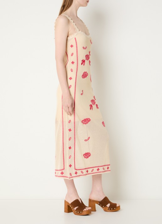 Claudie Pierlot Semi-transparante midi jurk met bloemborduring - voorkant 3 beige