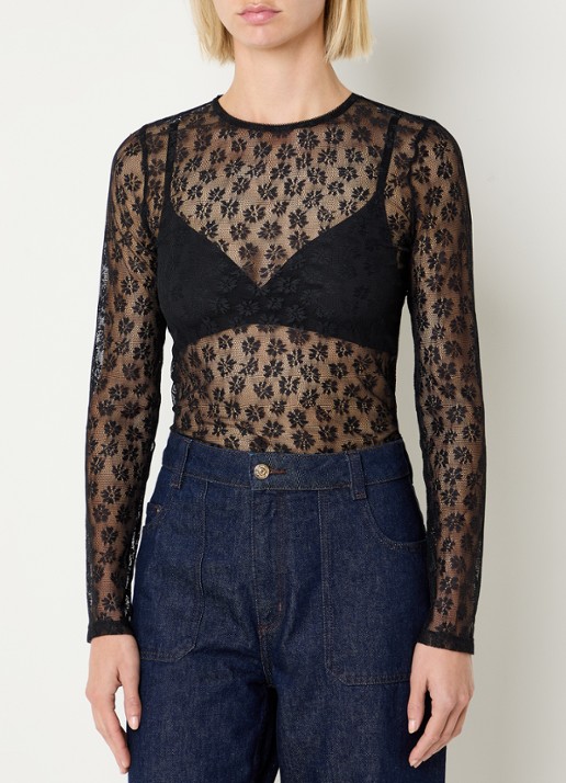 Claudie Pierlot Semi-transparante top van kant - detail zwart