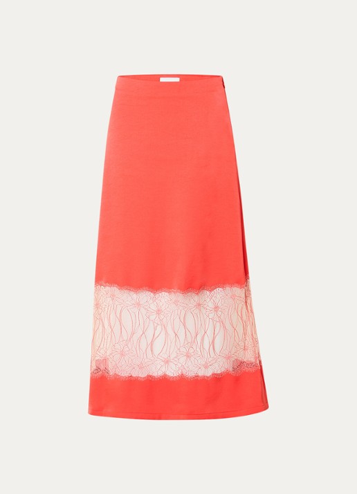 Claudie Pierlot Shema maxi rok van satijn met details van kant - voorkant 2 oranjerood