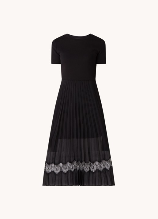 Claudie Pierlot Teli midi jurk met plissé en kant - voorkant 2 zwart