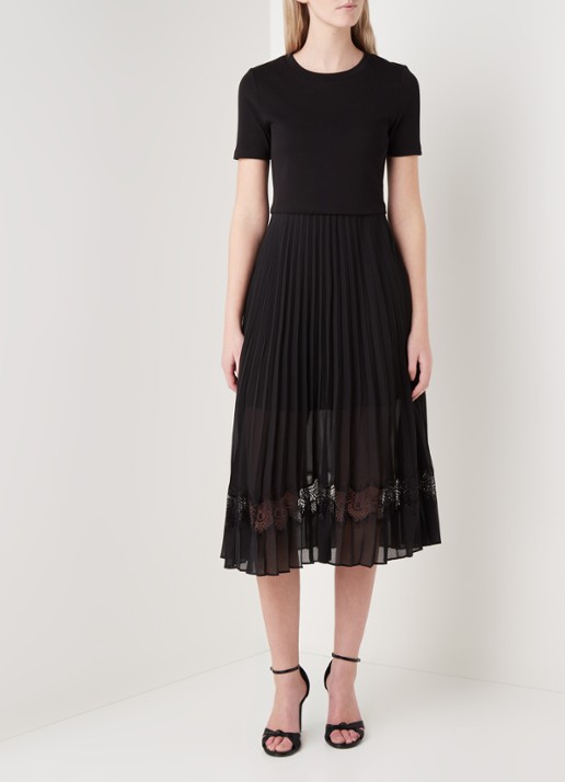 Claudie Pierlot Teli midi jurk met plissé en kant - voorkant 3 zwart