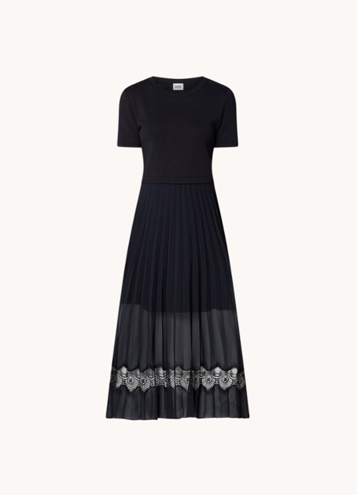 Claudie Pierlot Teli midi jurk met plissé en kant - voorkant 2 donkerblauw