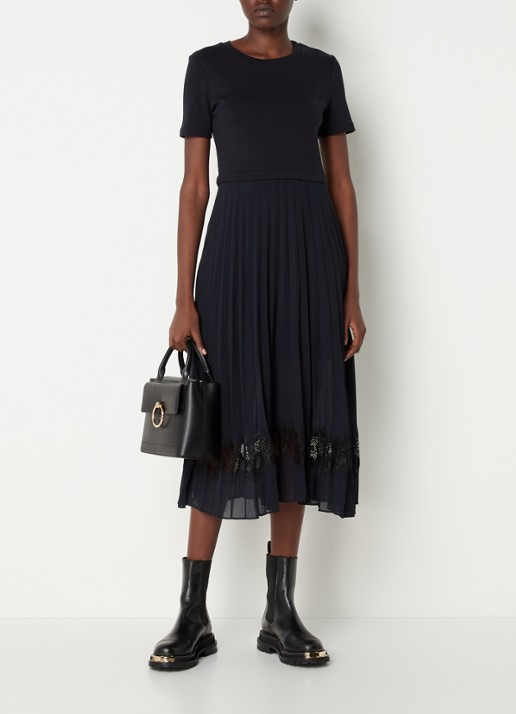 Claudie Pierlot Teli midi jurk met plissé en kant - voorkant 3 donkerblauw
