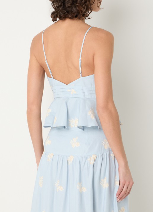 Claudie Pierlot Top in linnenblend en bloemenprint - achterkant 3 lichtblauw