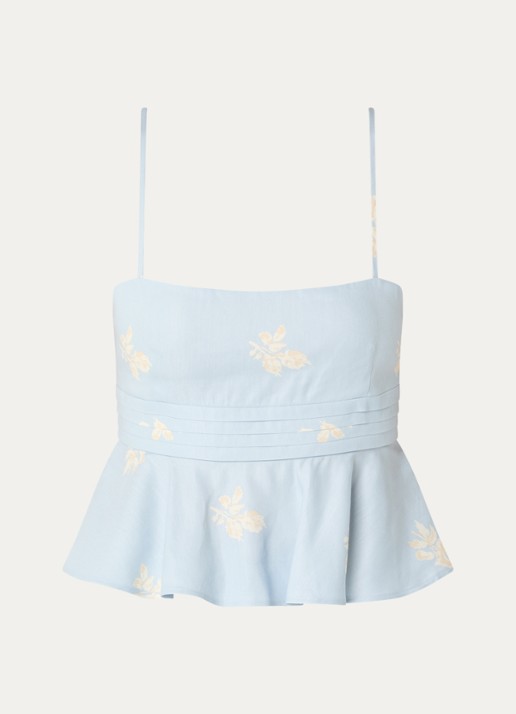 Claudie Pierlot Top in linnenblend en bloemenprint - voorkant lichtblauw