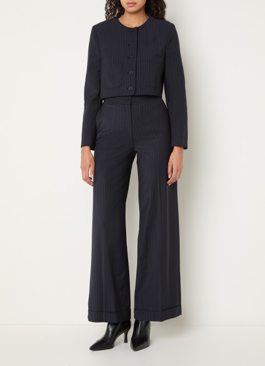 Claudie Pierlot Vanille cropped blazer met krijtstreep - voorkant 4 donkerblauw