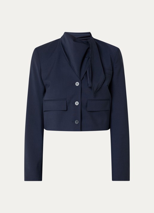 Claudie Pierlot Velma cropped blazer in wolblend met sjaalkraag en klepzakken - voorkant donkerblauw