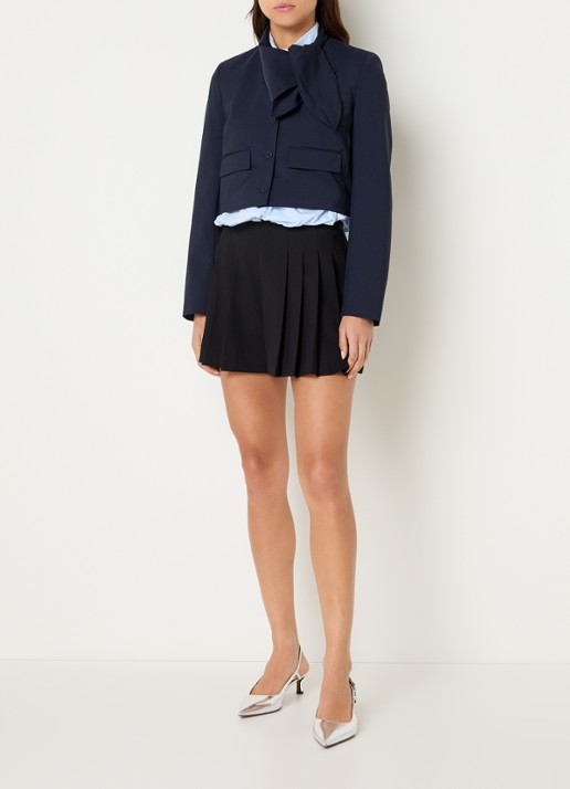 Claudie Pierlot Velma cropped blazer in wolblend met sjaalkraag en klepzakken - voorkant 2 donkerblauw