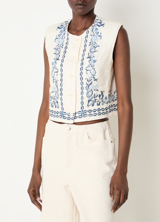 Claudie Pierlot Viviane gilet van linnen met schoudervulling en print