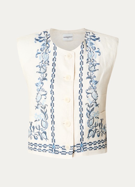 Claudie Pierlot Viviane gilet van linnen met schoudervulling en print - voorkant 3 gebroken wit