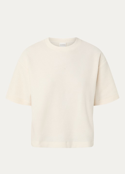 CLOSED Ribgebreid T-shirt met ronde hals - voorkant gebroken wit