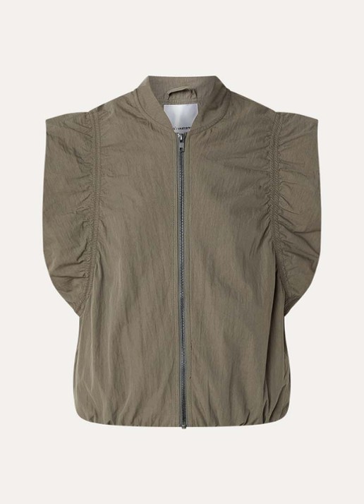 Co'Couture Acasia gilet met ruches en opstaande kraag - voorkant olijfgroen