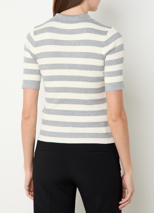 Co'Couture Bonny ribgebreide top met streepprint en polokraag - achterkant lichtgrijs