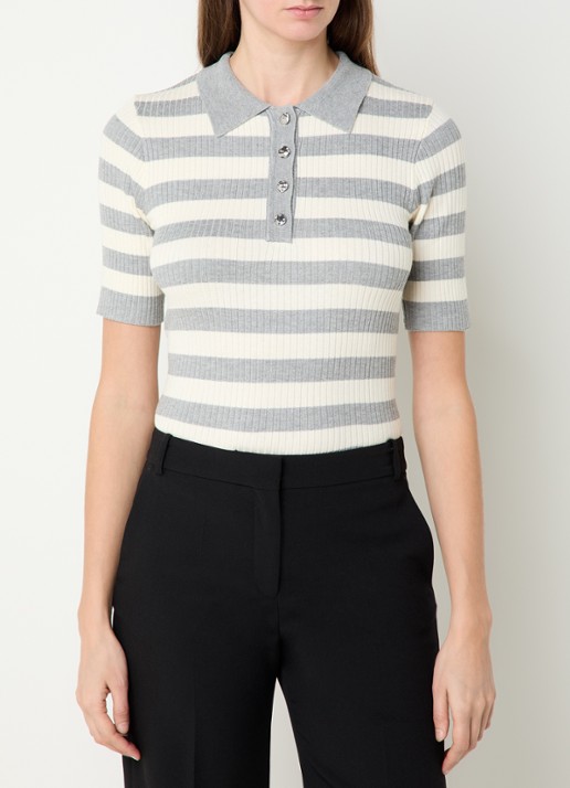 Co'Couture Bonny ribgebreide top met streepprint en polokraag - detail 4 lichtgrijs