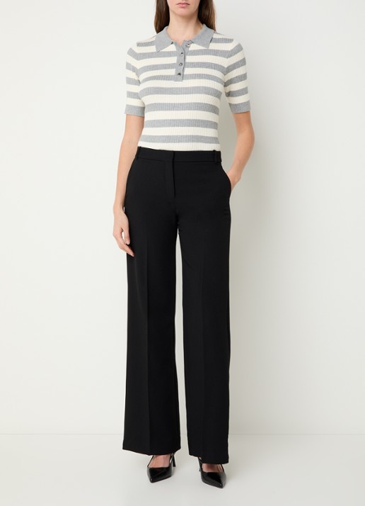 Co'Couture Bonny ribgebreide top met streepprint en polokraag - voorkant 3 lichtgrijs