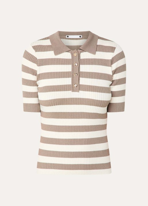 Co'Couture Bonny ribgebreide top met streepprint en polokraag - voorkant 2 lichtbruin