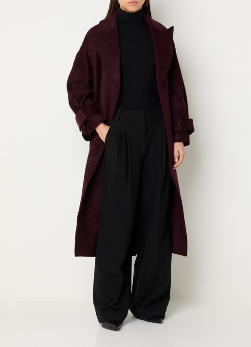 Co'Couture Clara mantel in wolblend met strikceintuur - voorkant 4 aubergine