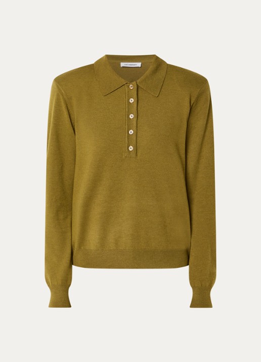 Co'Couture Corry fijngebreide polo in wolblend - voorkant 3 mosgroen
