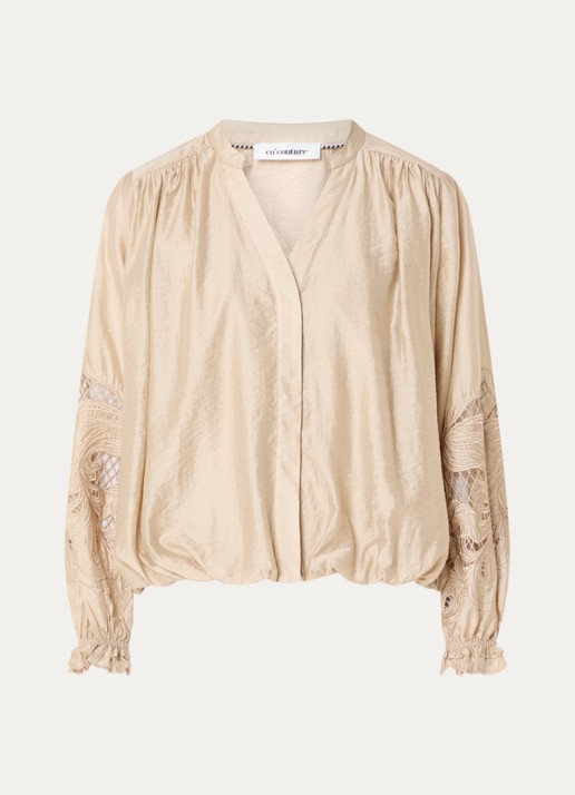 Co'Couture Delin blouse met broderie en ballonmouw - voorkant 3 beige