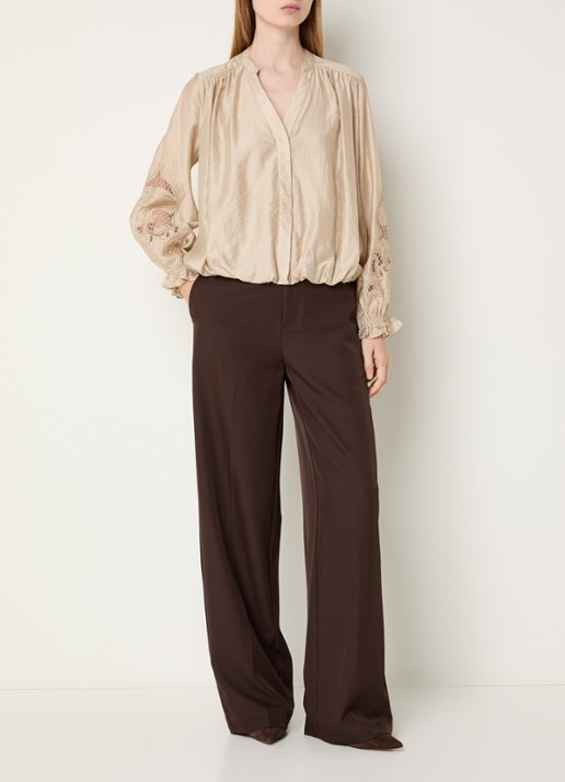 Co'Couture Delin blouse met broderie en ballonmouw - voorkant 4 beige