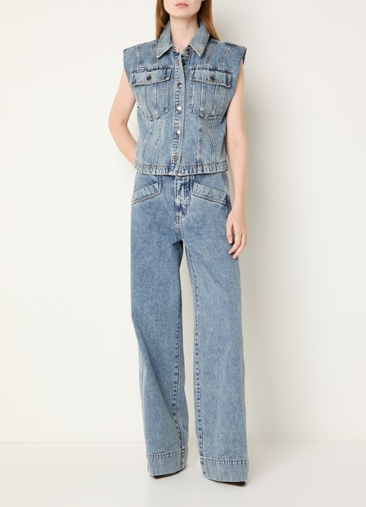 Co'Couture Denice gilet van denim met verwassen afwerking - voorkant 2 blauw